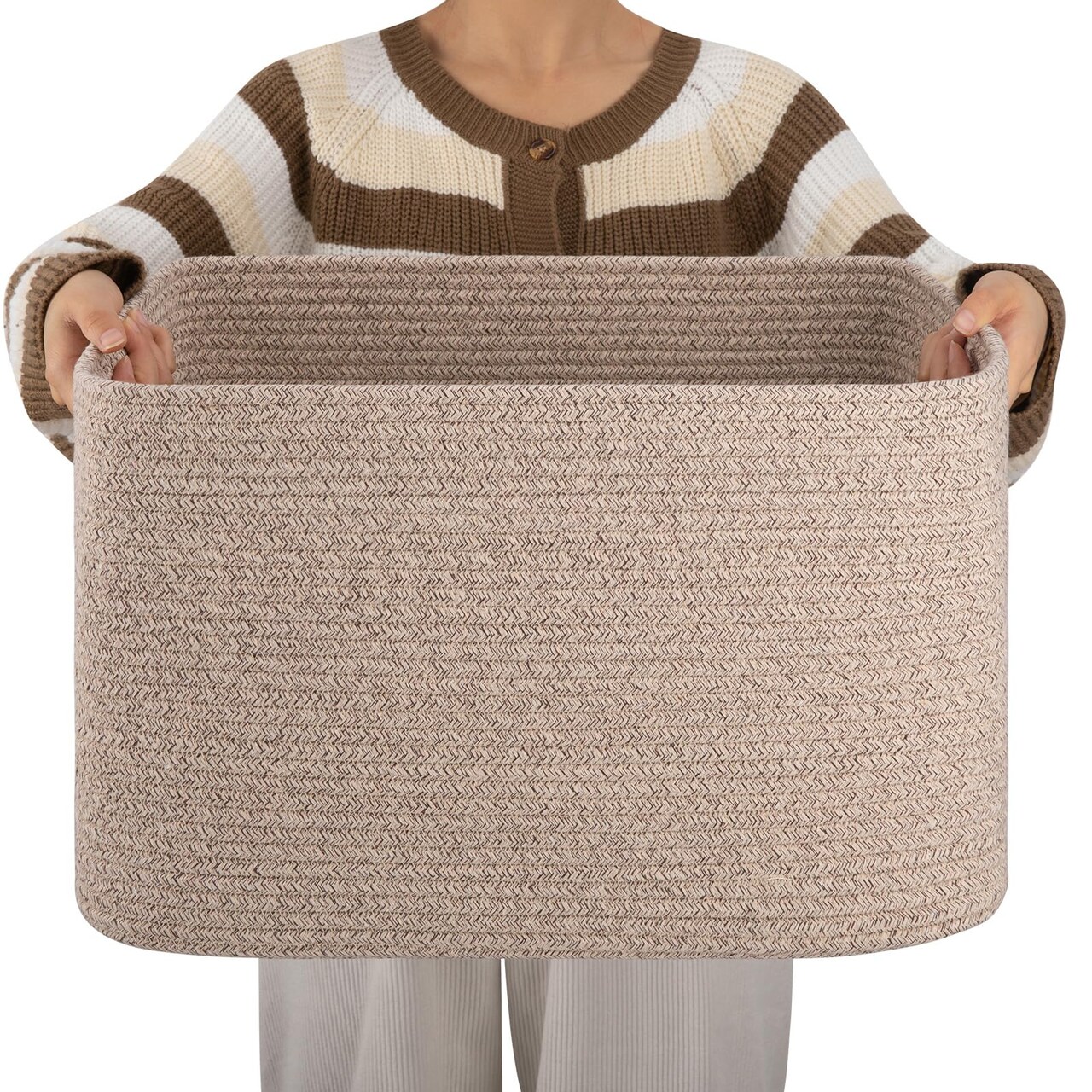 OIAHOMY Cotton Rope Basket, Rectangle Woven Nursery Blanket Basket, Toy Storage Basket with Handle, Baskets for Organizing, 18”x14”x12”, Brown variegated